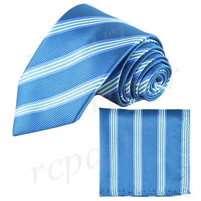 New Men's Poly Woven neck tie hankie set blue stripes Wedding formal - Image 1 of 3
