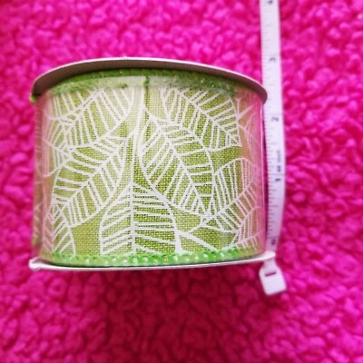Offray Ribbon W Leaf Outline 550 Apple Green Linen Polyester 2in X 9ft 1 roll - Image 1 of 3
