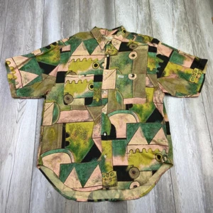 VINTAGE GUESS Shirt Mens Medium Green Black Abstract Colorblock Hawaiian Aloha * - Picture 1 of 15