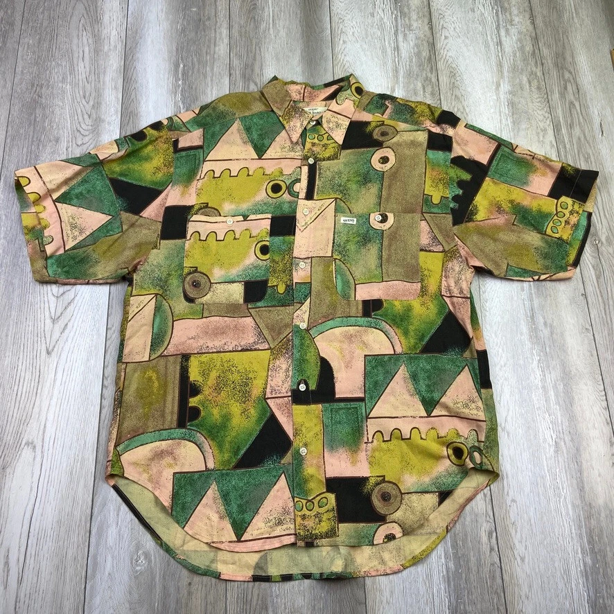 VINTAGE GUESS Shirt Mens Medium Green Black Abstract Colorblock Hawaiian Aloha * - Изображение 1 из 4