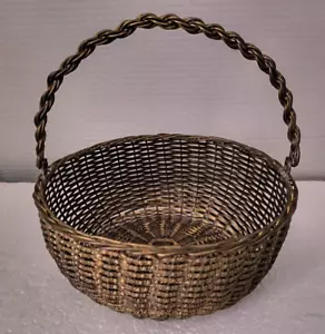 Vintage Brass / Metal Decor Wicker Style Basket With Movable Handle 7.5"x3" - Picture 1 of 8