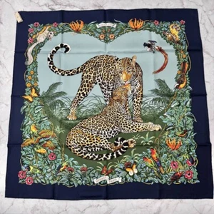HERMES Carre 90 Jungle Love 100% Silk Scarf Blue Multicolor Leopard - Picture 1 of 9