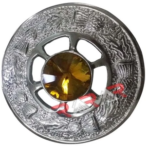 Scottish Kilt Fly Plaid Brooches Highland Ladies Brooch Yellow Stone 2" Emblem - Picture 1 of 3