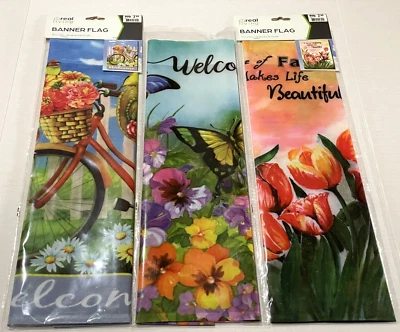 Real Living Banner Flag / Garden Flags Set Of 3 - 12” X 18” New Welcome / Family - Image 1 of 4