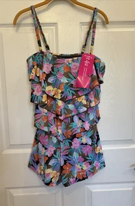 Fit 4 U One Piece Layered Swimsuit Tropical Print Size 8 - Picture 1 of 13