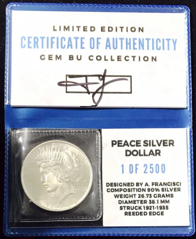 ⭐️1 EA COA PEACE DOLLAR⭐️SUPERB GEMBU⭐️INSANE QUALTY⭐️COLLECTOR SEALED⭐️LIMITED Cover