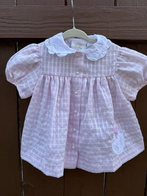 Vestido Bebé Little Bitty Vintage 6-9M Rosa Guinga Seersucker Cuello Peter Pan Foto 1 de 4