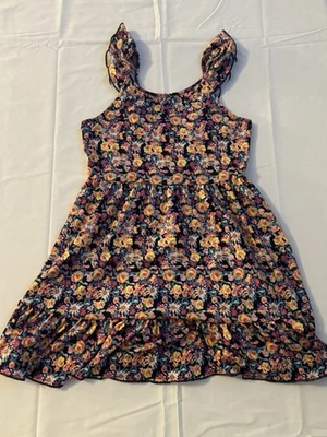 Kid Girls Flower Pattern Dress With Straps and Ruffles Size M 7/8, Pink & Violet - Image 1 of 4