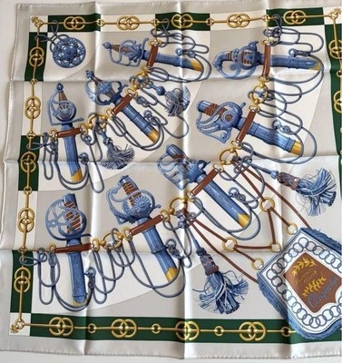 Hermes Scarf Stole Cliquetis White Green Sword Gold Chain Silk Auth New Carre 90 - Image 1 of 4