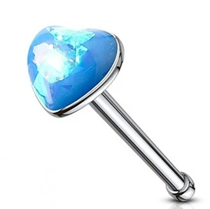 Nose Bone Ring Heart Glitter Opal Blue 3mm Head 20 Gauge 1/4" Steel - Picture 1 of 3