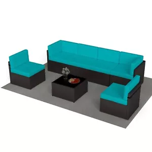 7pcs Outdoor Patio Furniture Pe Rattan Wicker Sofa Sectional Set, Blue Cushions - Picture 1 of 9