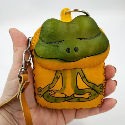 Frog Leather Wristlet Wallet Handmade Tooled Coin Purse Keychain Zen Yoga Gift - Image 1 of 4
