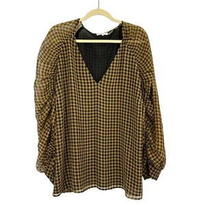Calvin Klein Bluse Top 2X gelb schwarz Gingham transparente Ärmel gerafftes Oberteil kariert - Bild 1 von 12