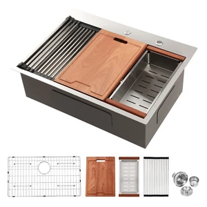 25" 28" 30" Kitchen Sink Drop-in 16 Gauge Stainless Steel Single Bowl with Drain - Picture 1 of 28
