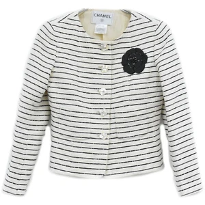 CHANEL Camelia Tweed Jacket Striped Beige Black Women #34 - Picture 1 of 15