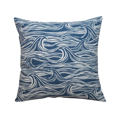 Coastal Waves Cushion in Indigo Blue. 17x17" Square. Nautical Seaside Design. - Image 1 of 2