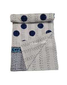 Indian Hand Block Print Kantha Quilt Blanket Cotton Queen Size Bedspread Polka - Picture 1 of 7