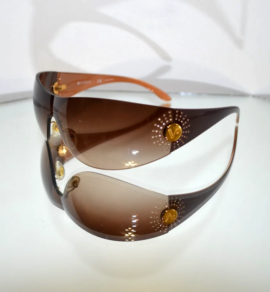 INSANE Vogue Sunglasses Y2K Wrap Gold/Brown Rhinestones Shield VO2518-SB 1437/13 - Image 1 of 4