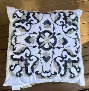 Modern Southern Home Decor Pillow Embroidered Blue Gray White 16"x16” NWOT - Picture 1 of 4