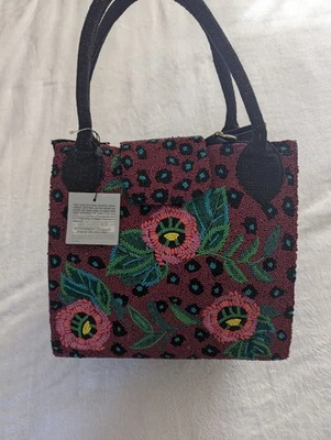 American & Beyond Twilight Vine Beaded Bag Burgundy Gold Lurex Top Handles NWT - Image 1 of 4