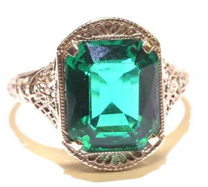 14k white gold Green Synthetic emerald gemstone filigree ring 3.6g vintage 9 - Picture 1 of 9