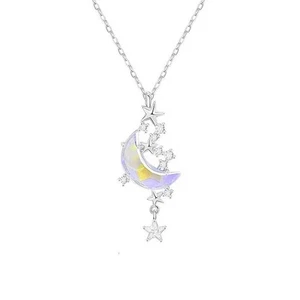 Star Moon Moonstone Titanium Steel Chain Necklace Romantic Pendant Jewelry - Picture 1 of 6