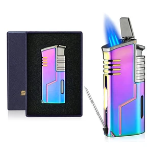 Torch Cigar Lighter Metal Butane Windproof Triple Jet Lighters with Cigar Punch - Picture 1 of 8