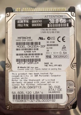 *TESTED* Hitachi DK23DA-30F 30GB IDE 2.5" 9.5mm HDD - 5K804 - DK23DA30F - O5K804 - Image 1 of 4