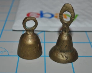 VTG Miniature Set/2  Handmade Solid Brass Bell Etched - Picture 1 of 4