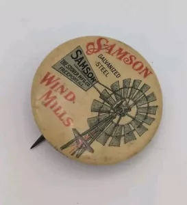 Stover Samson Wind Mills Pinback Button w/ Pulver Back Paper Farming 1900 - Picture 1 of 3