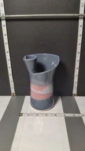 Handmade Pottery Flower / Bud Vase w/Twist on Rim - Blue Gray Pink Signed - Picture 1 of 11