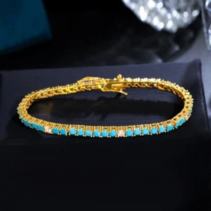 9Ct Round Cut Turquoise &Diamond Women's Tennis Bracelet 14K Yellow Gold plated - Picture 1 of 8