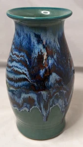 Beautiful Hand Thrown Teal an Blue Drip Glazed Signed Art Pottery Vase 9.5" - Picture 1 of 8