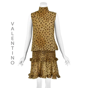 VALENTINO GARAVANI Silk Crepe Leopard Print Mini Dress w Smocked Hips SZ 4 SM - Picture 1 of 10