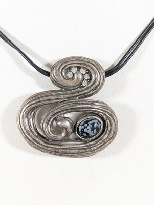Chicos Statement Necklace Abstract Swirl Pendant Silver Tone Black Stone 20" - Image 1 of 4