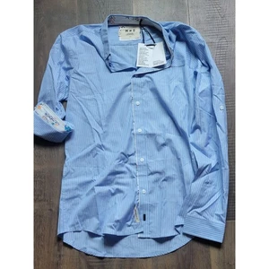Camisa MBO Pima Algodón Calce Ajustado Abotonada Rayas Azul Claro Grande - Imagen 1 de 9