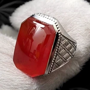 Big Yameni Aqeeq Ring, Sterling Silver 925, Natural Gemstone Ring, Big Agate Gem - Picture 1 of 3