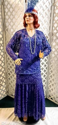 Conjunto de falda estilo años 20 vintage años 80 Gunit azul real con cuentas lentejuelas encaje cintura caída XL Foto 1 de 4