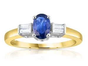 9ct Yellow Gold Baguette Cut 0.11ct Diamond & 0.60ct Blue Sapphire Ring - Picture 1 of 4