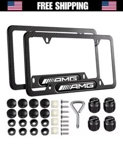 Mercedes AMG License Plate Frame (Carbon Fiber) - 2 Pc Set + AMG Valve Stem Caps - Picture 1 of 1