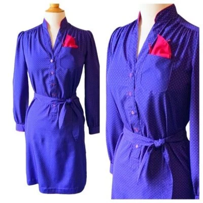 Vestido Schrader Sport Vintage Años 80 Azul Rosa Polkadot con Cinturón y Bolsillo - SP Foto 1 de 4