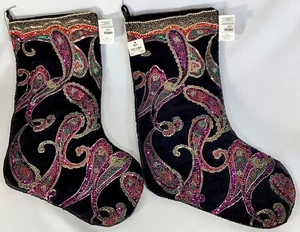PIER 1 IMPORTS Stockings Black Velvet Paisley Sequin Embellished Set of 2 NWT - Picture 1 of 5