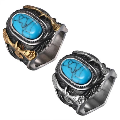 Men Vintage Biker Stainless Steel Oval Turquoise Gemstone Ring Eagle Signet Band - Image 1 of 4