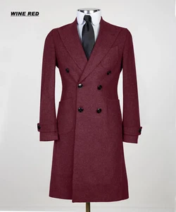 Mens Double Breasted Mid Long Red Overcoats Thick Warm Trench Coats 100% Wool - Picture 1 of 10