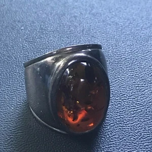 Estate Dreichin 925 Marked Wide Silver Tapered Band w Oval Amber Stone Ring Size - Picture 1 of 10