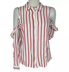 Tokito Shirt White Size 10 Red Stripe Cold Shoulder Long Sleeve Casual Women's - Picture 1 of 10