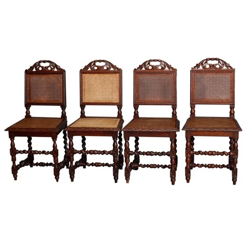 Antique Set of Four French Renaissance Carved Walnut & Cane Chairs, 19th Century Cover