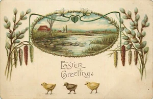 Postcard Easter Three Chicks Village Pastoral 1907 Divided Germany Made - Picture 1 of 2