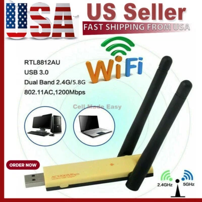 USB 3.0 1200Mbps Long Range AC1200 Dual Band 5GHz Wireless WiFi Adapter Antennas - Image 1 of 4