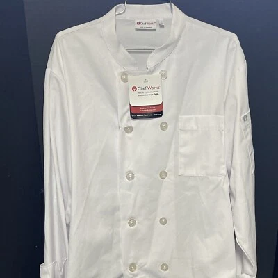 Chef Works Unisex Essential Plastic Button Le Mans Coat White Large Regular NEW - Image 1 of 4